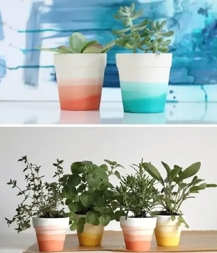 Vasos de plantas com pintura em degradê Vasos de plantas com pintura em degradê