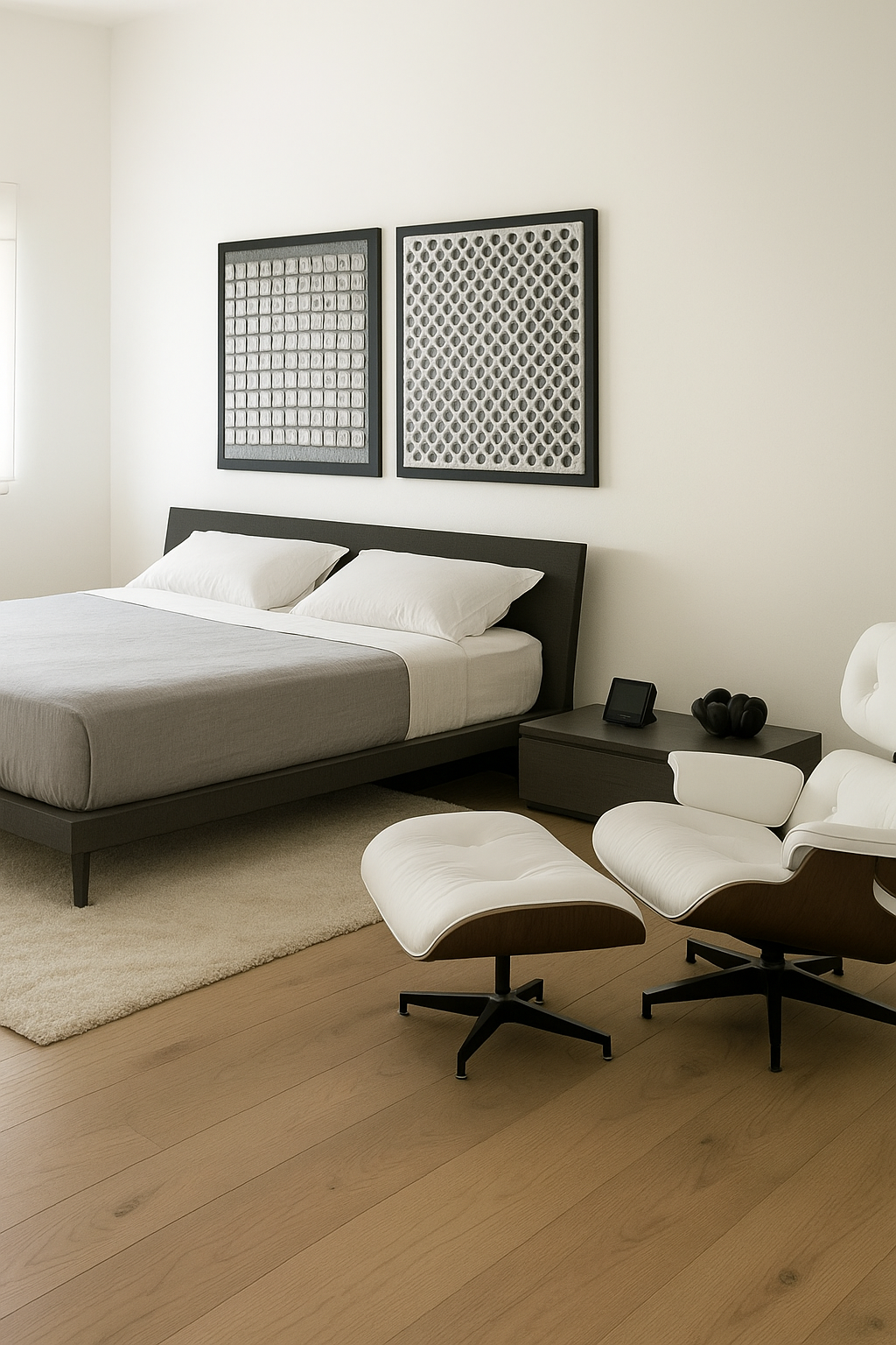 Quarto minimalista decorado com grandes quadros minimalistas Quarto minimalista decorado com grandes quadros minimalistas
