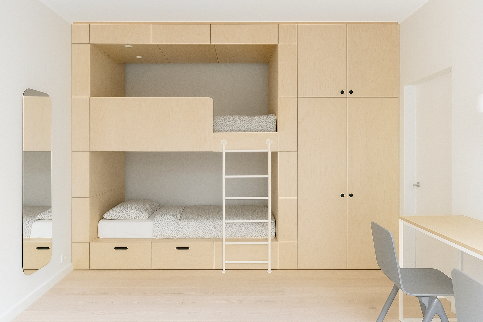 Decoração para quarto minimalista de solteiro com beliche de madeira Decoração para quarto minimalista de solteiro com beliche de madeira