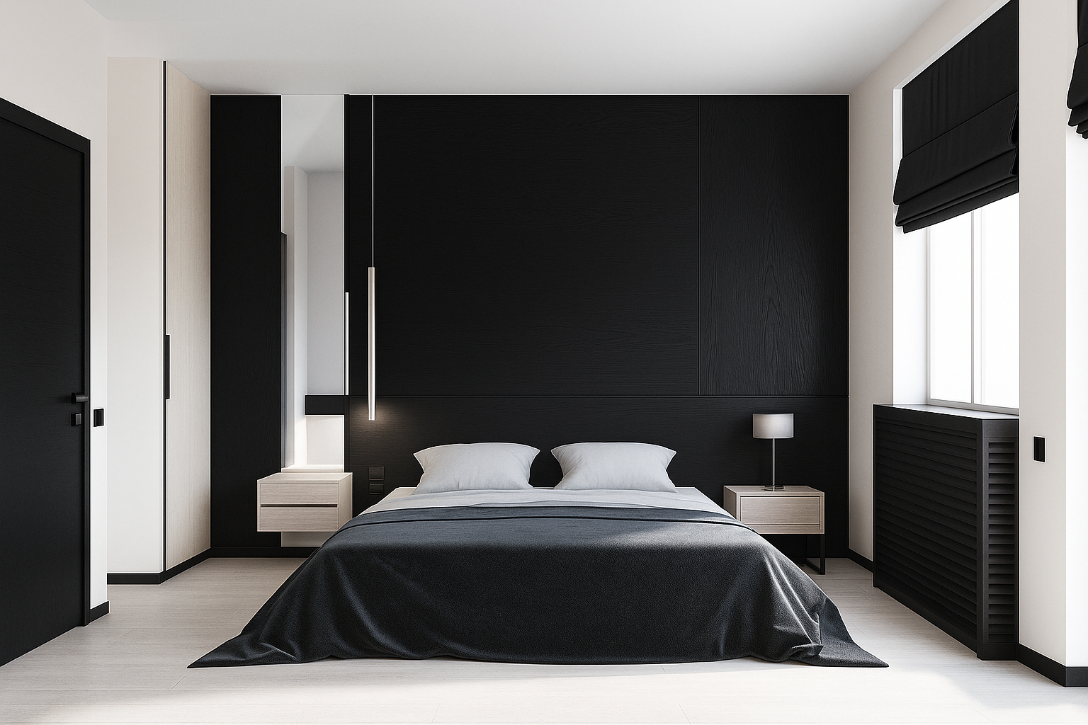 Decoração de quarto minimalista com paredes pretas Decoração de quarto minimalista com paredes pretas