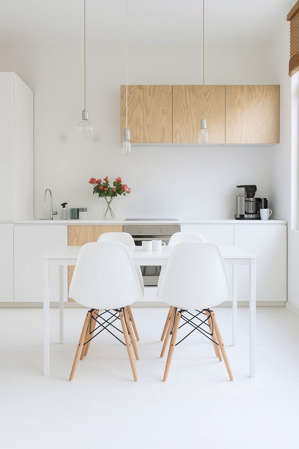 Decoração minimalista para cozinha com pendentes modernos e armários de madeira Decoração minimalista para cozinha com pendentes modernos e armários de madeira