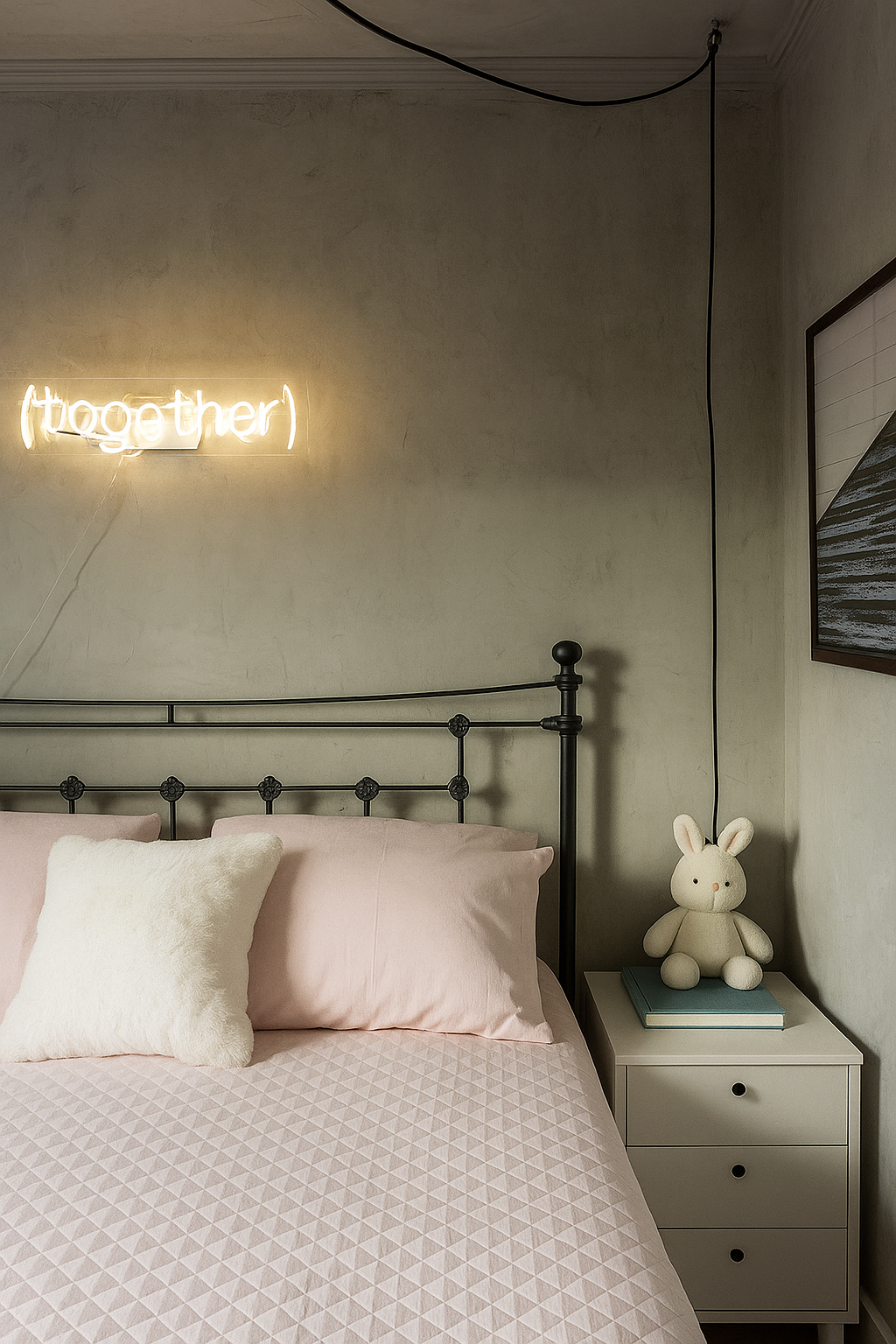 Quarto minimalista com decoração em tons de rosa e cinza Quarto minimalista com decoração em tons de rosa e cinza