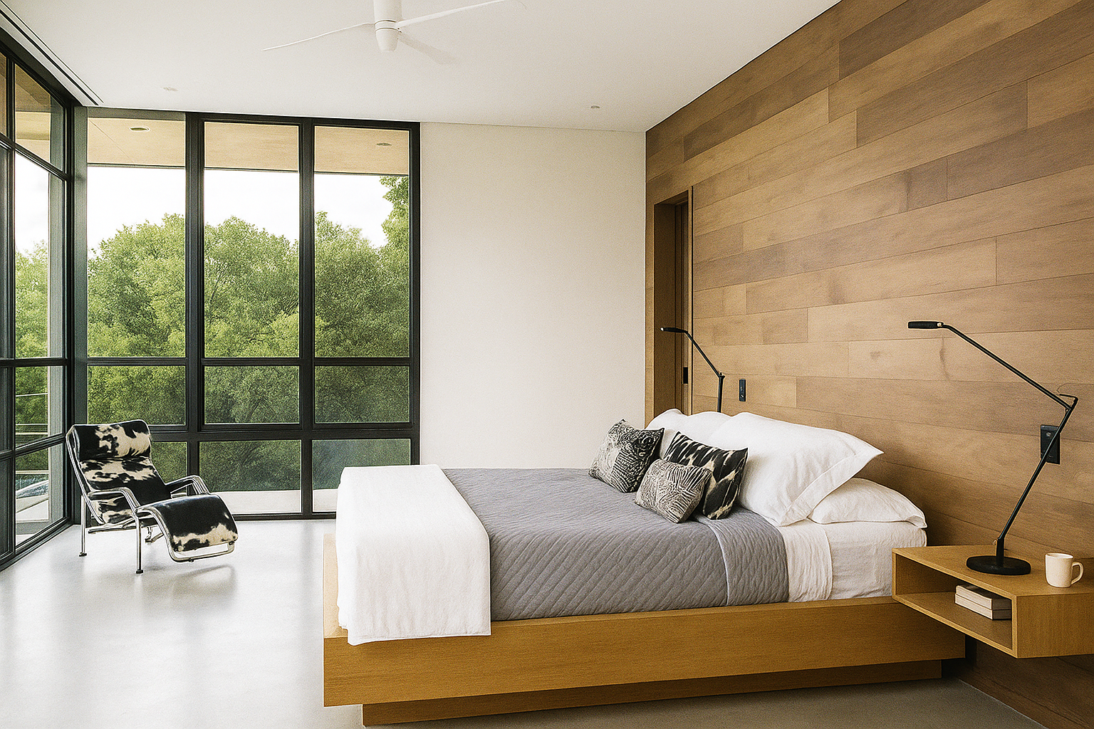 Quarto de casal com estilo minimalista e parede revestida de madeira para ficar mais aconchegante Quarto de casal com estilo minimalista e parede revestida de madeira para ficar mais aconchegante