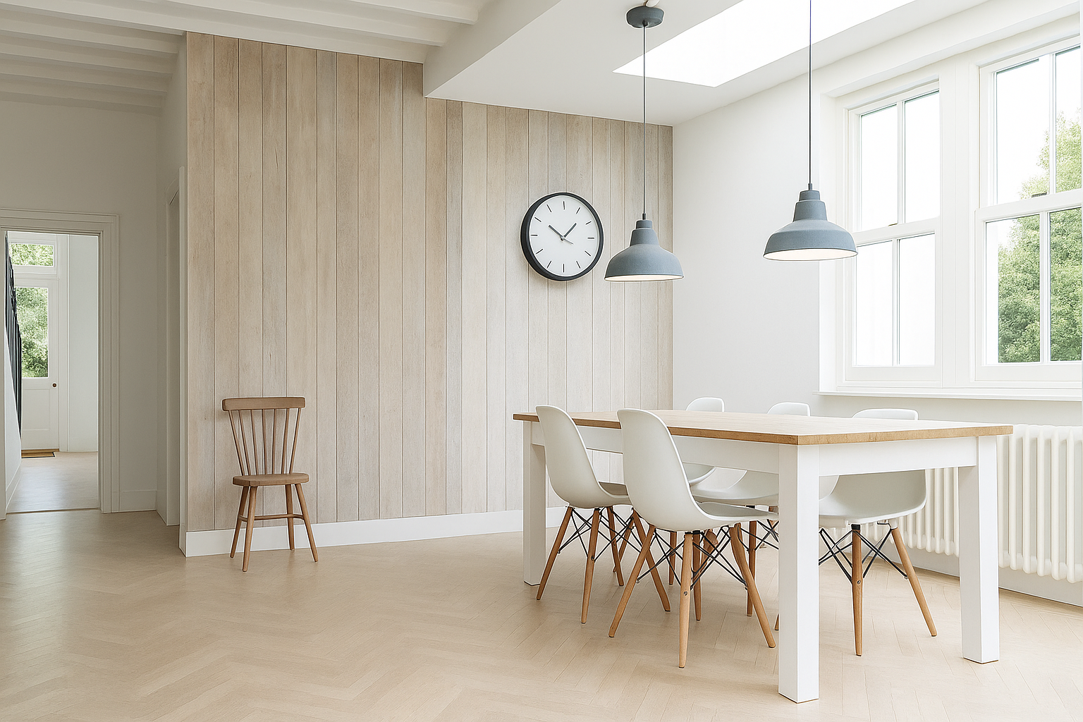 Minimalismo para sala de jantar com parede revestida de madeira Minimalismo para sala de jantar com parede revestida de madeira