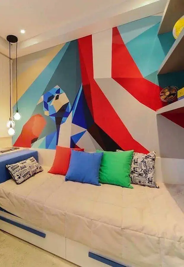 decoração com parede colorida para quarto de solteiro com pendente minimalista decoração com parede colorida para quarto de solteiro com pendente minimalista Foto Pinterest