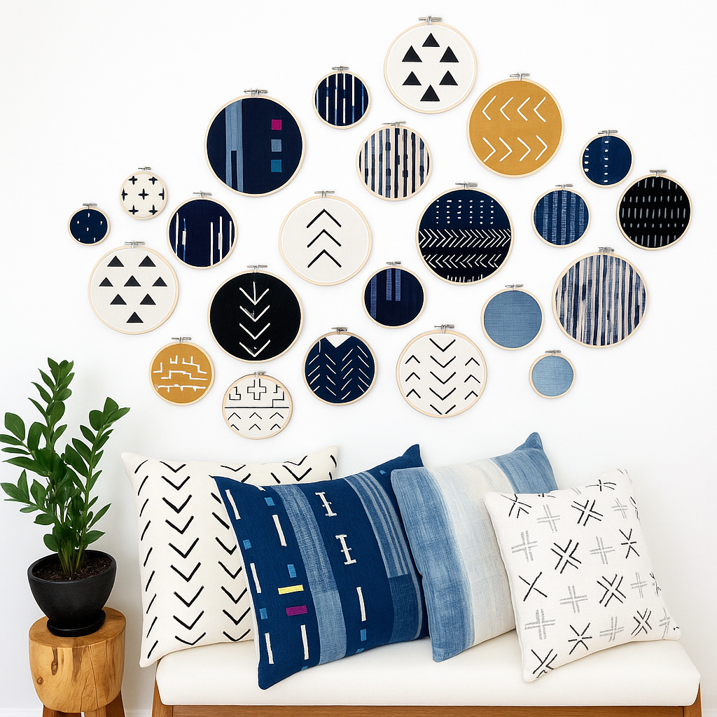 Parede decorada com retalhos de tecidos Parede decorada com retalhos de tecidos