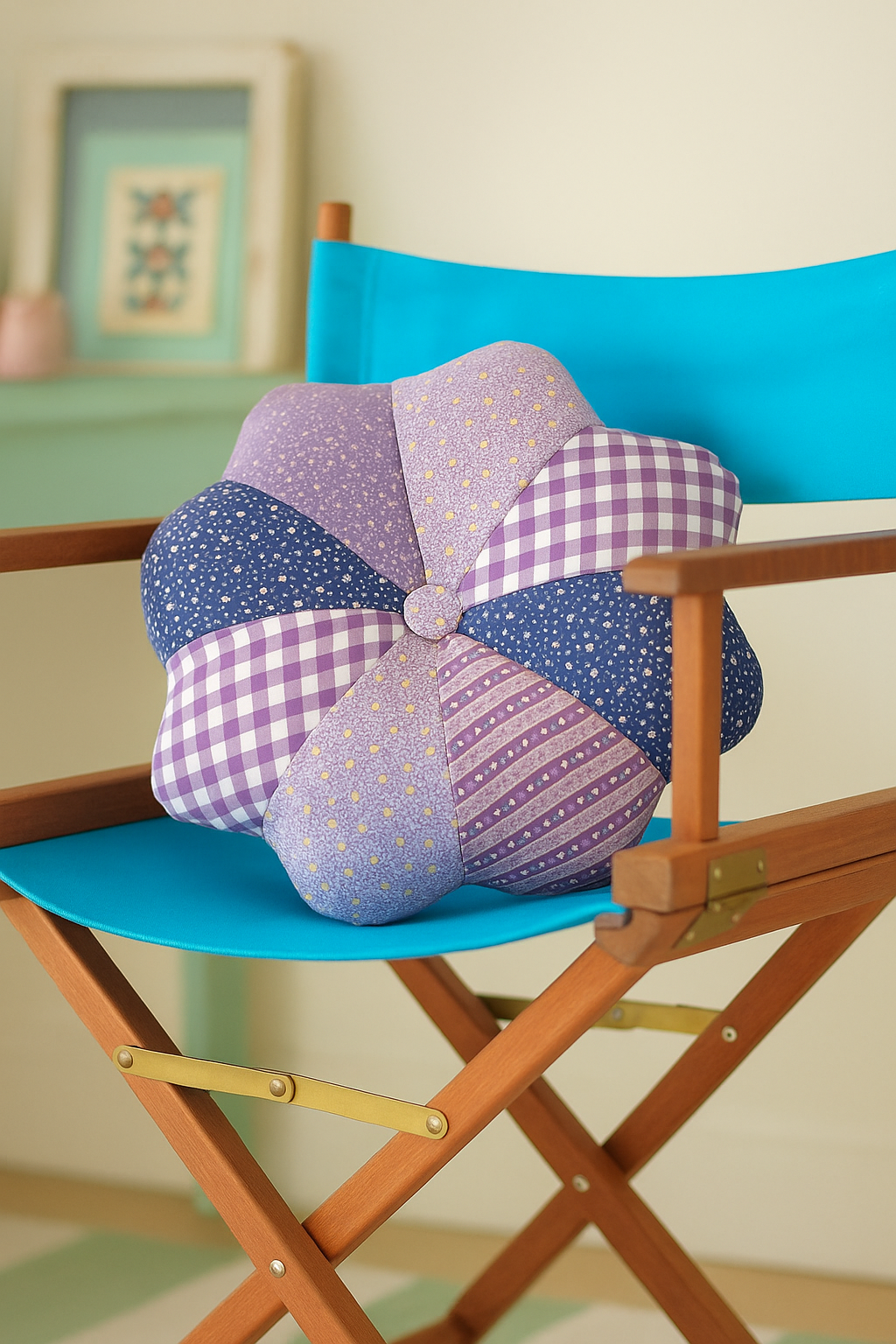 Cadeira azul de madeira decorada com delicada almofada feita com retalhos de tecidos em tons de roxo e lilás Cadeira azul de madeira decorada com delicada almofada feita com retalhos de tecidos em tons de roxo e lilás