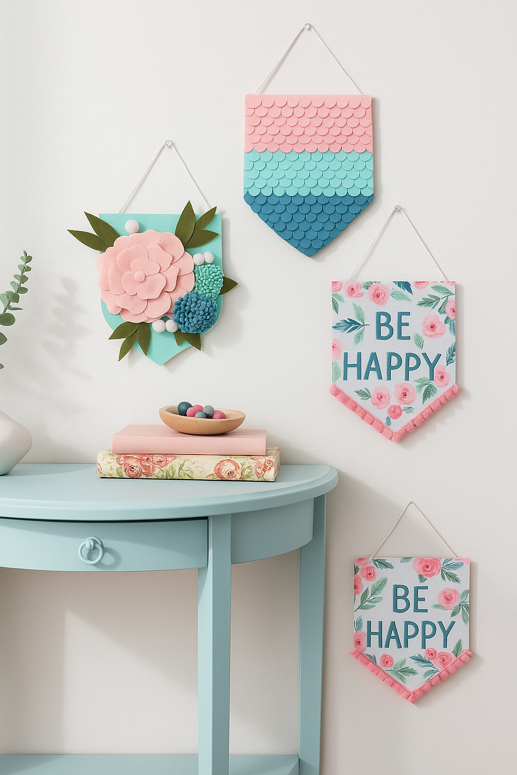 Decoração delicada com flamulas feitas em retalhos de tecidos em tons de azul e rosa Decoração delicada com flamulas feitas em retalhos de tecidos em tons de azul e rosa