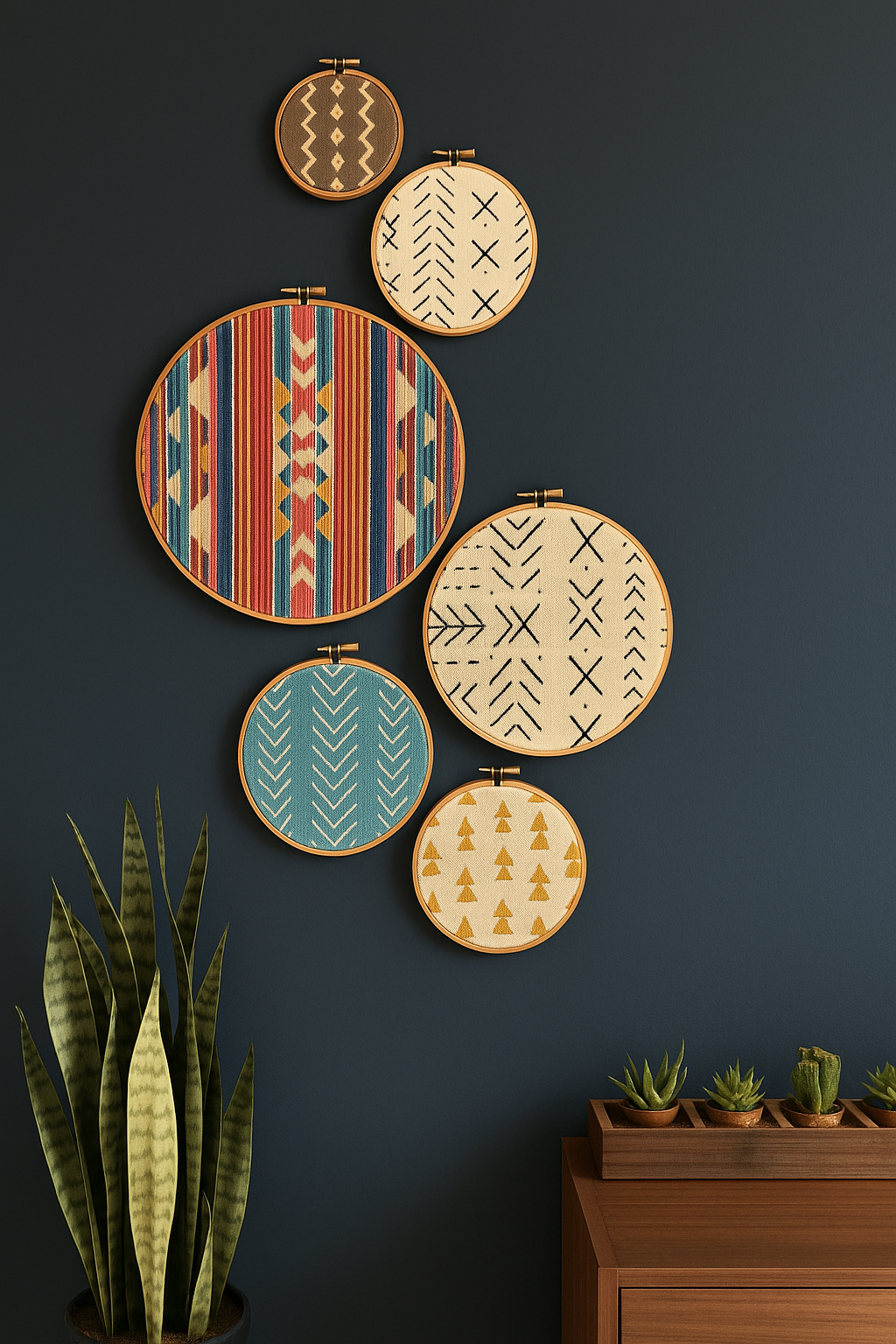 Parede preta decorada com retalhos de tecidos Parede preta decorada com retalhos de tecidos