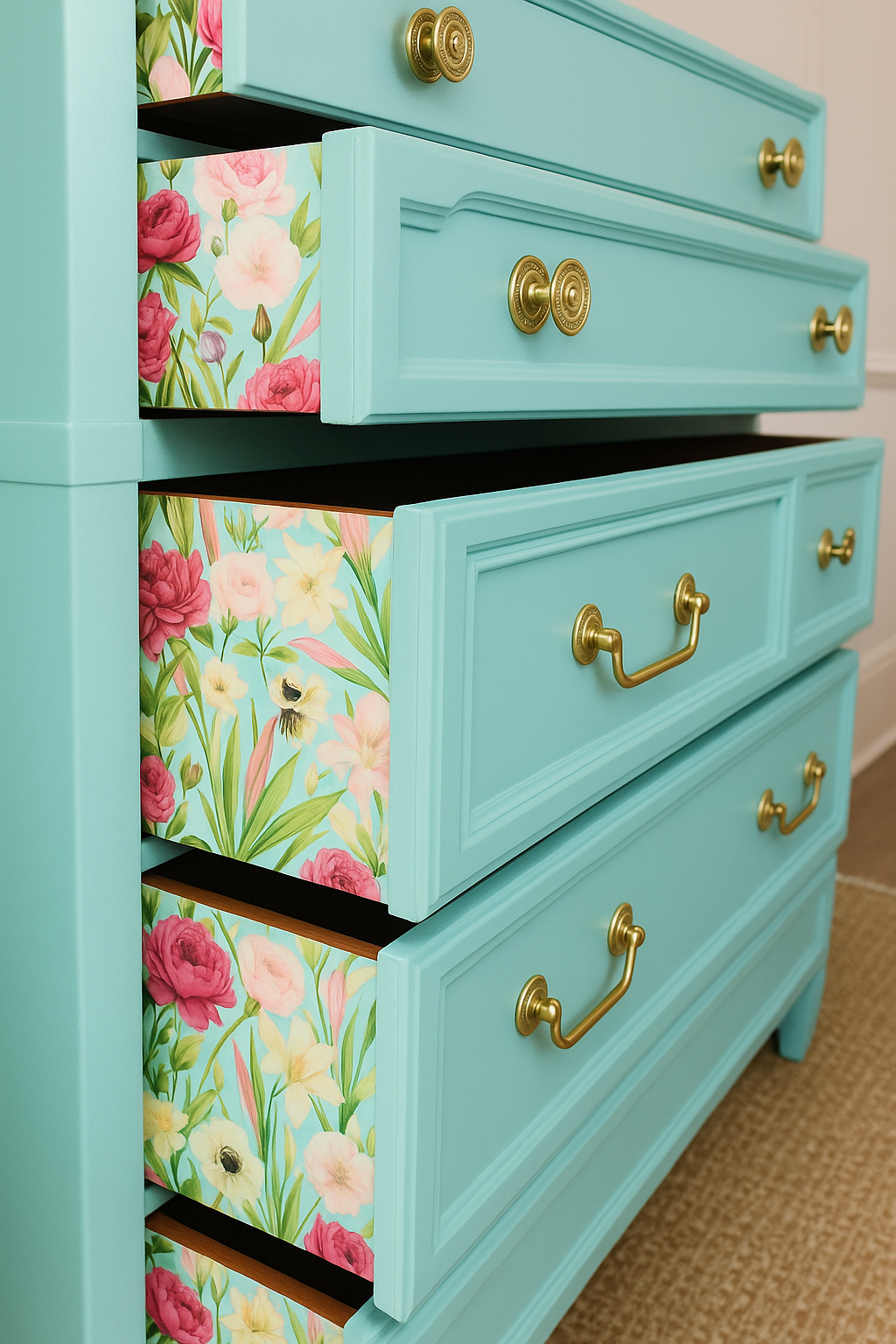 Os retalhos de tecidos florais deram um toque super charmoso à cômoda azul clássica Os retalhos de tecidos florais deram um toque super charmoso à cômoda azul clássica