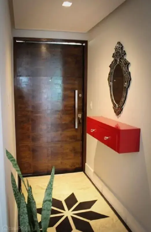 decoração hall de entrada pequeno com espelho vintage e aparador suspenso vermelho decoração hall de entrada pequeno com espelho vintage e aparador suspenso vermelho Foto Pinterest