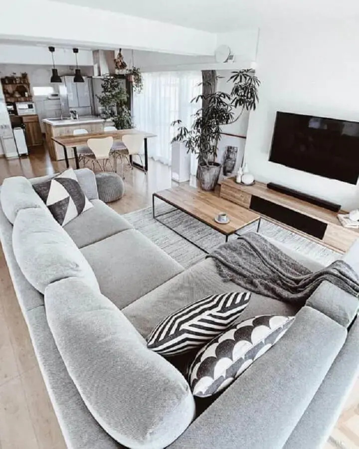 tons de cinza e móveis de madeira para decoração de casa em conceito aberto tons de cinza e móveis de madeira para decoração de casa em conceito aberto Foto Pinterest