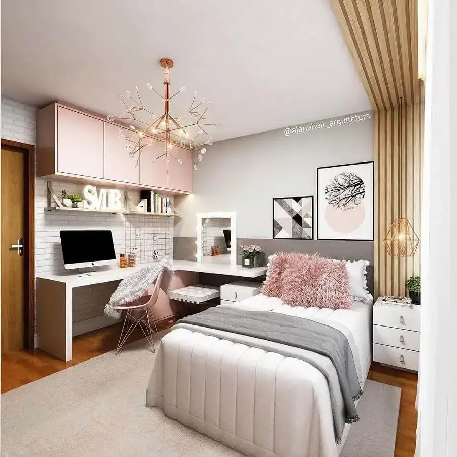 decoração de quarto de mulher planejado com escrivaninha de canto decoração de quarto de mulher planejado com escrivaninha de canto Foto Pinterest