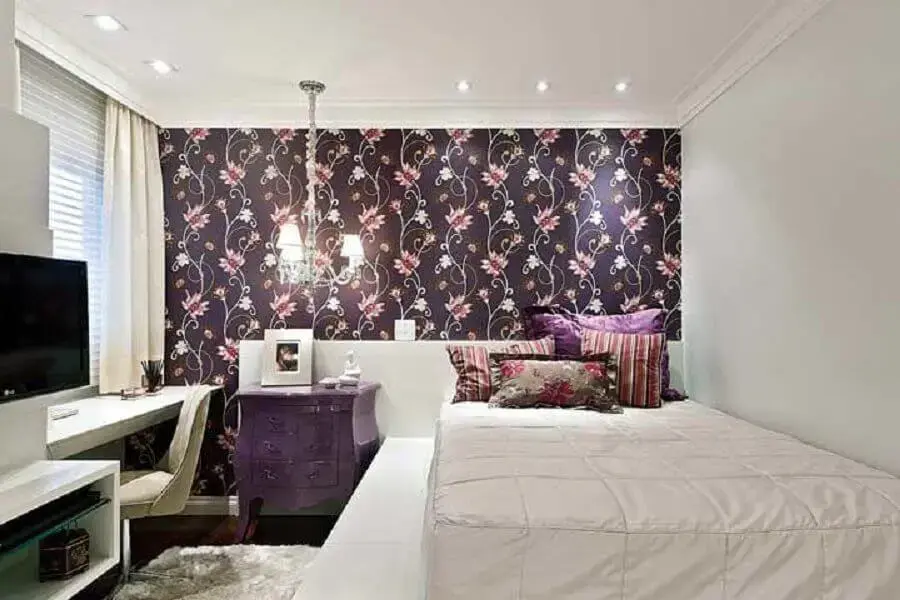 papel de parede floral para decoração de quarto de mulher branco papel de parede floral para decoração de quarto de mulher branco Foto Ideias Decor