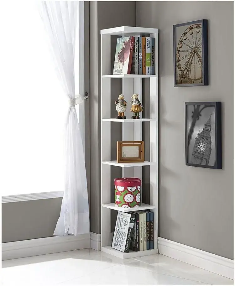 Estante de canto branco no quarto moderno Estante de canto branco no quarto moderno