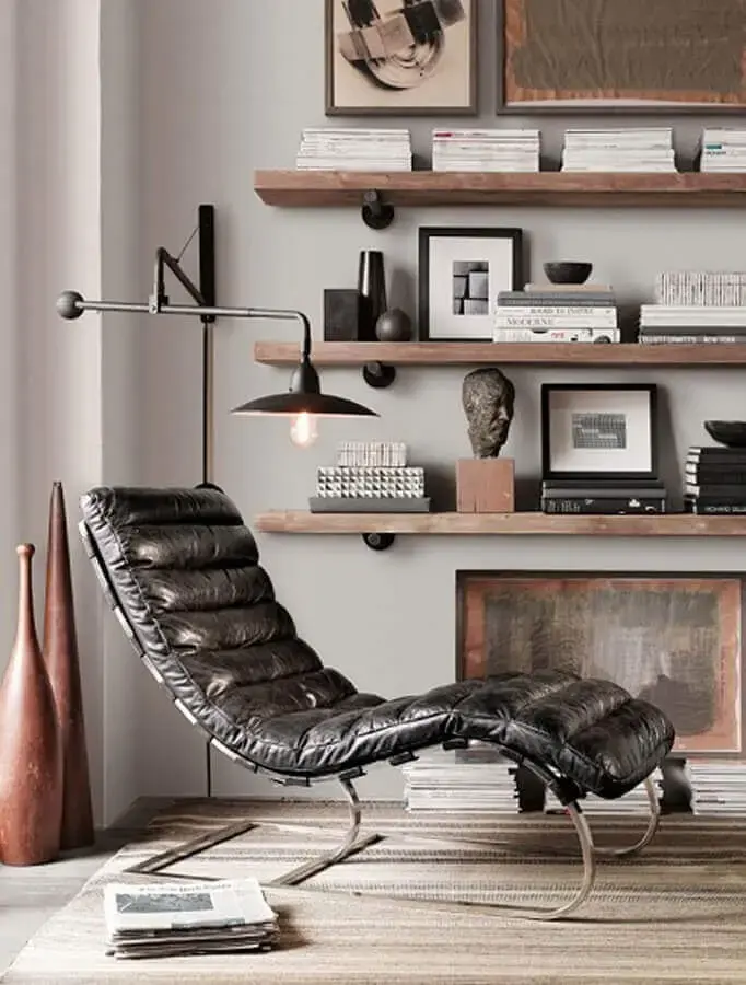Poltrona confortável de couro para decoração de cantinho de leitura simples Poltrona confortável de couro para decoração de cantinho de leitura simples Foto Pinterest
