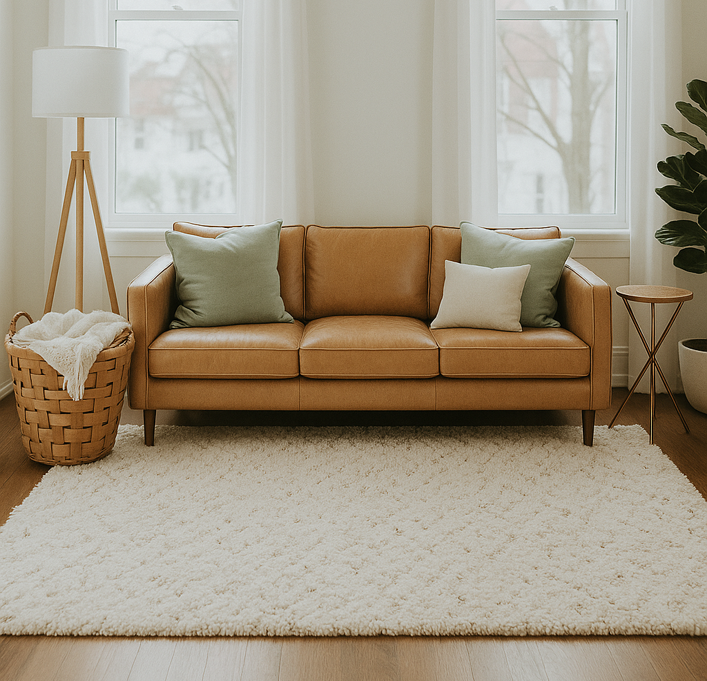 Decoração clean para sala branca com sofa de couro e abajur de chão Decoração clean para sala branca com sofa de couro e abajur de chão