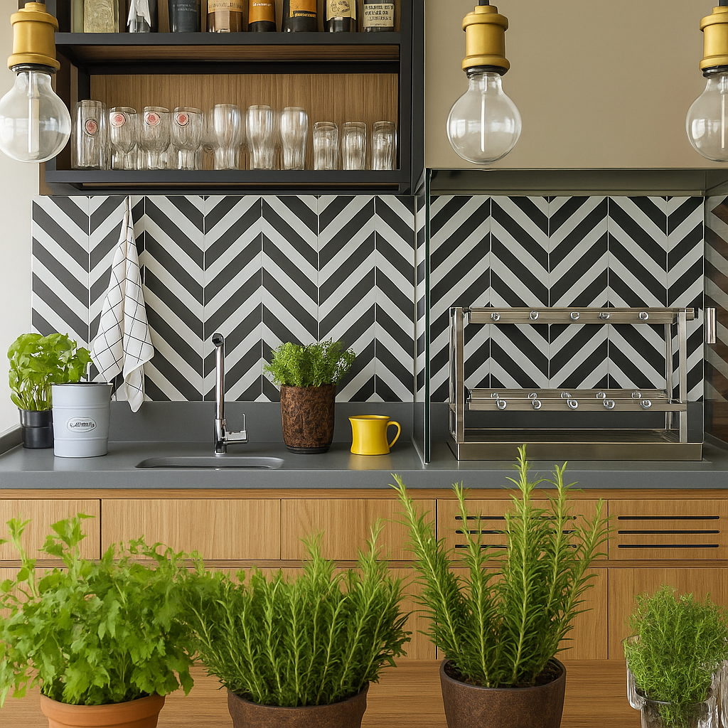 Varanda gourmet decorada com quartzo cinza médio com móveis de madeira e revestimento geométrico na parede Varanda gourmet decorada com quartzo cinza médio com móveis de madeira e revestimento geométrico na parede