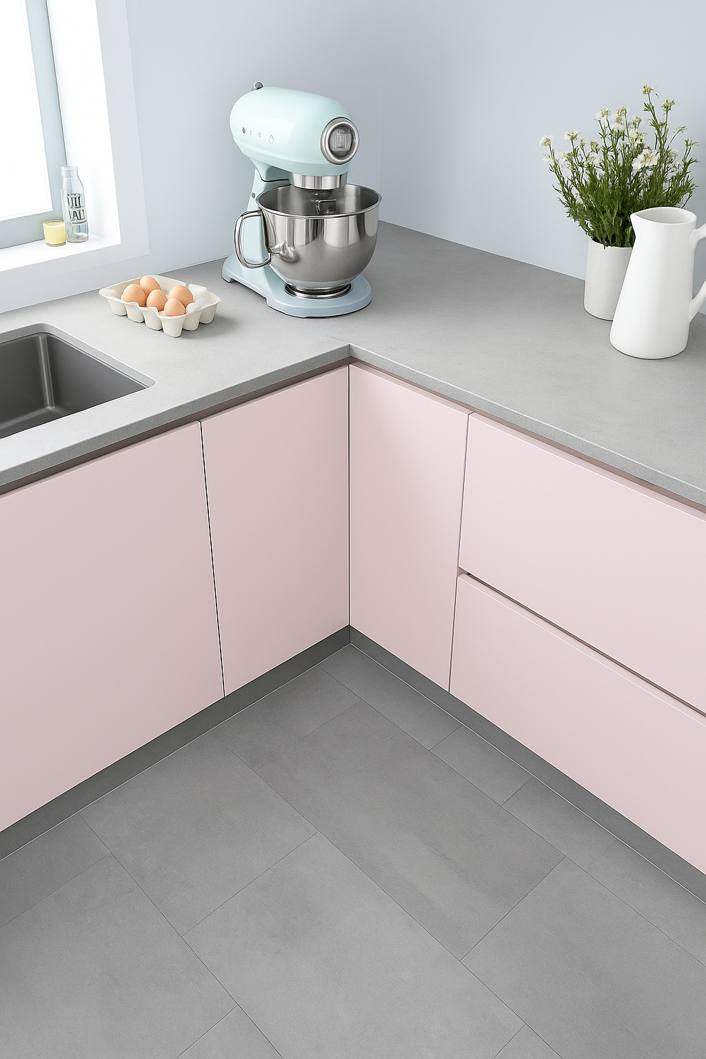 Quartzo stone cinza claro com armários cor de rosa moderno para decoração de cozinha