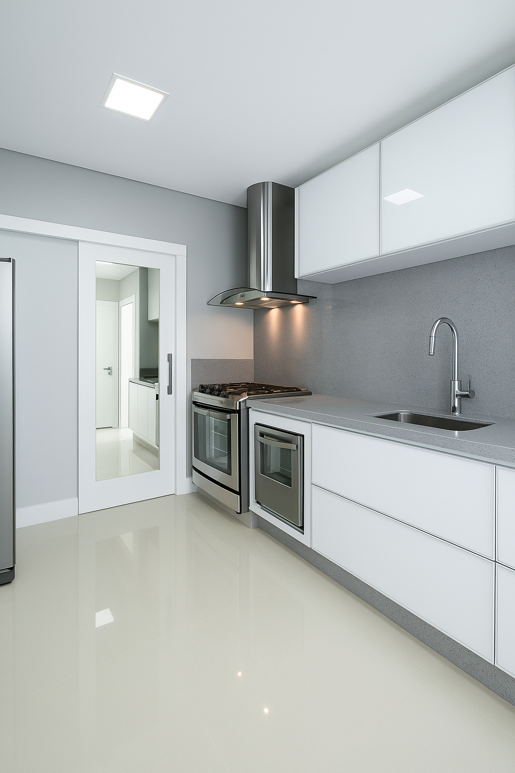 Quartzo cinza estelar para cozinha branca e cinza com decoração clean