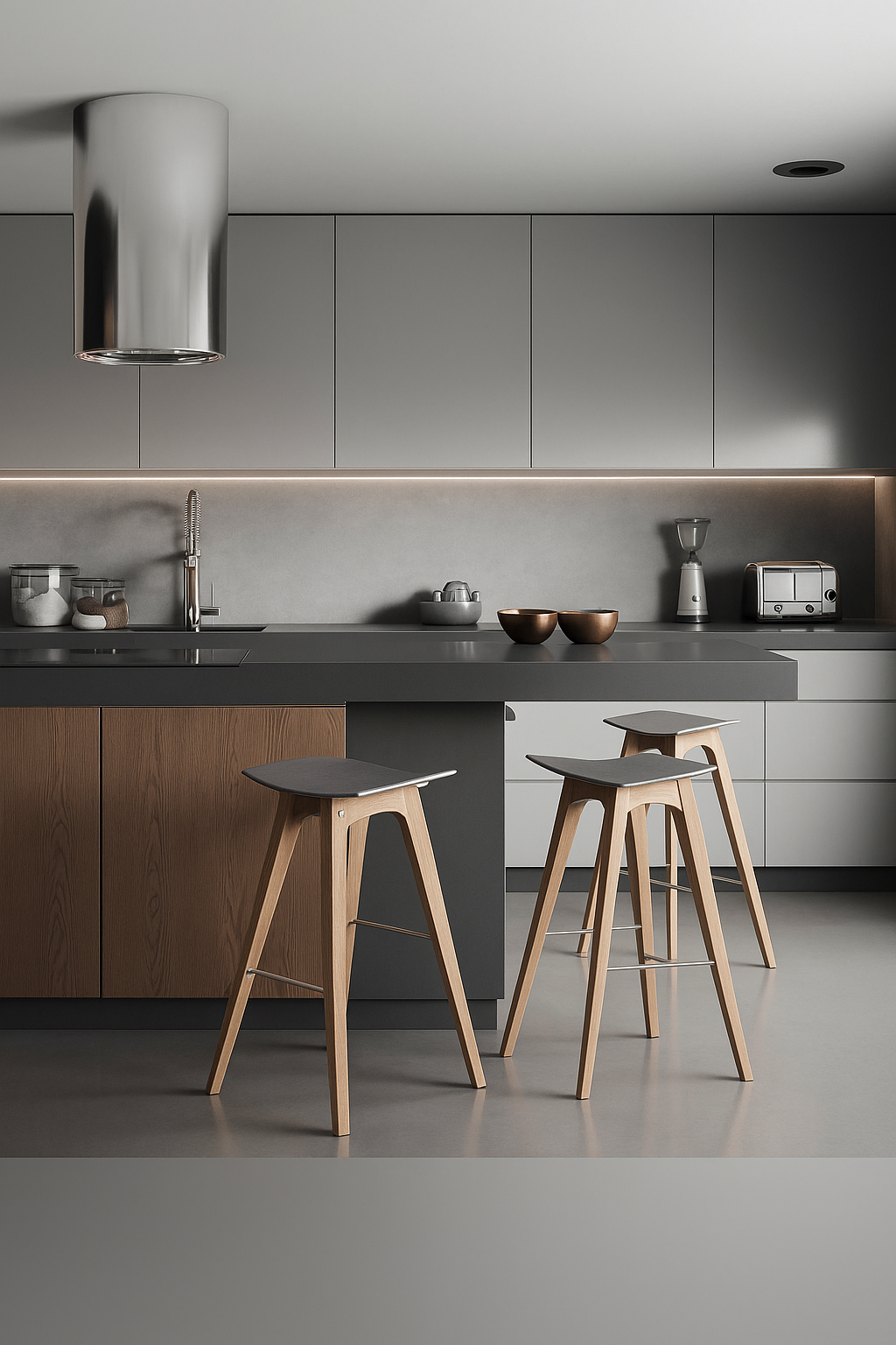 Decoração com bancada de cozinha feita de quartzo cinza escuro