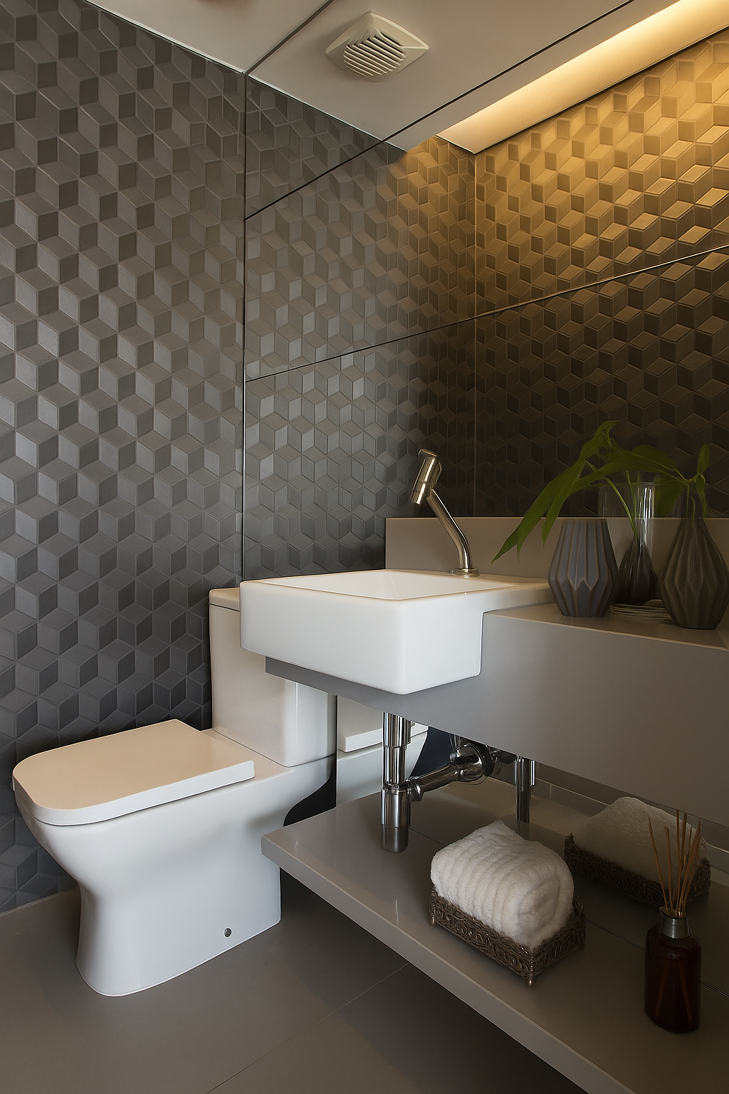Bancada de quartzo cinza com cuba de encaixe para decoração de banheiro Bancada de quartzo cinza com cuba de encaixe para decoração de banheiro