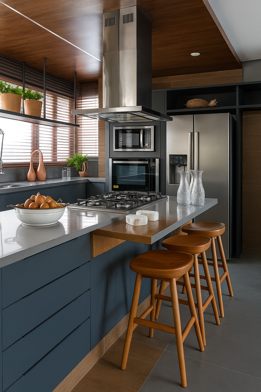Bancada de quartzo cinza e mesa para refeições rápidas em madeira para decoração de cozinha planejada