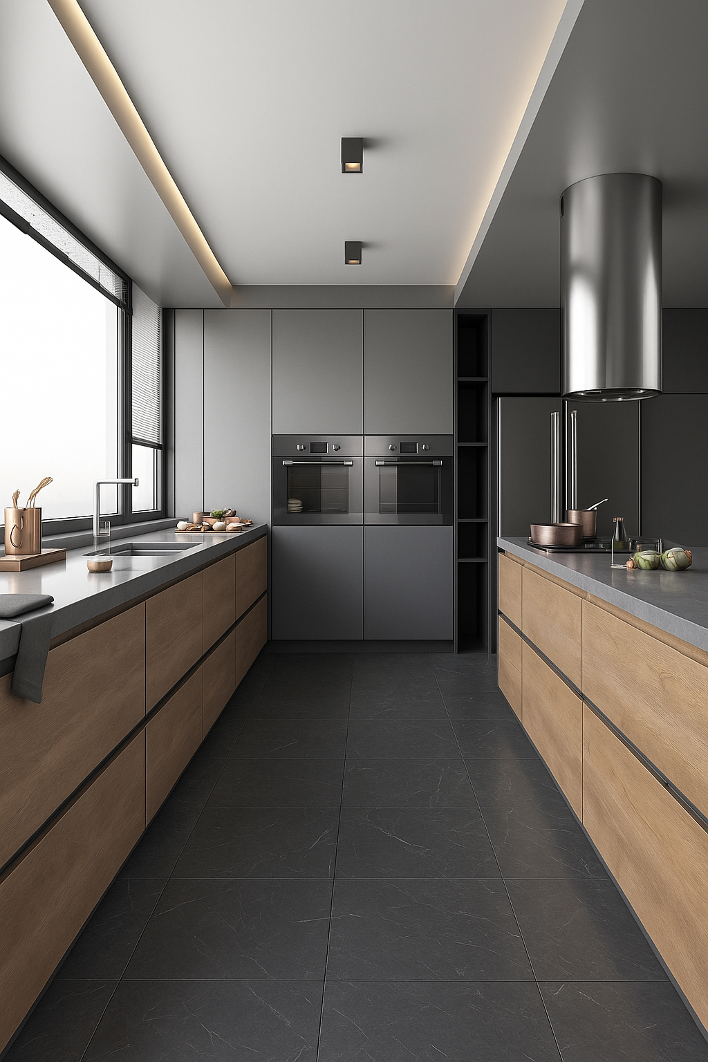 Bancada em quartzo cinza e armários de madeira planejados para decoração de cozinha grande