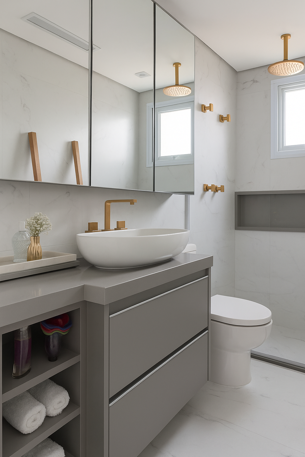Banheiro com quartzo cinza e cuba branca decorado com detalhes em dourado