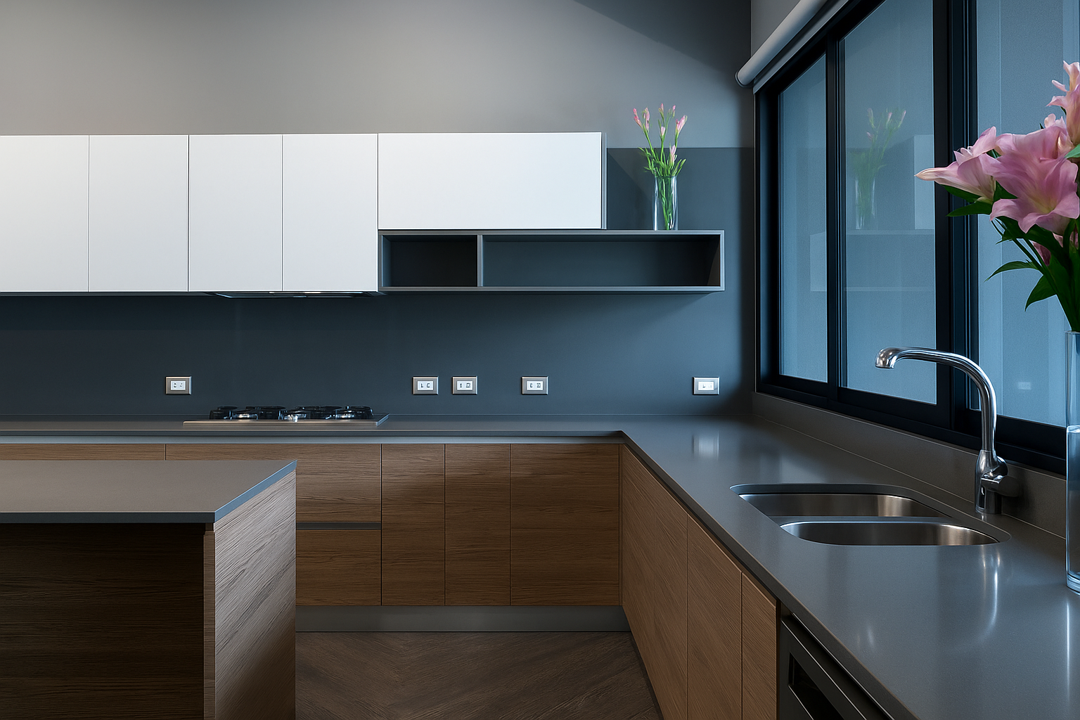 Quartzo cinza escuro na decoração de cozinha de madeira