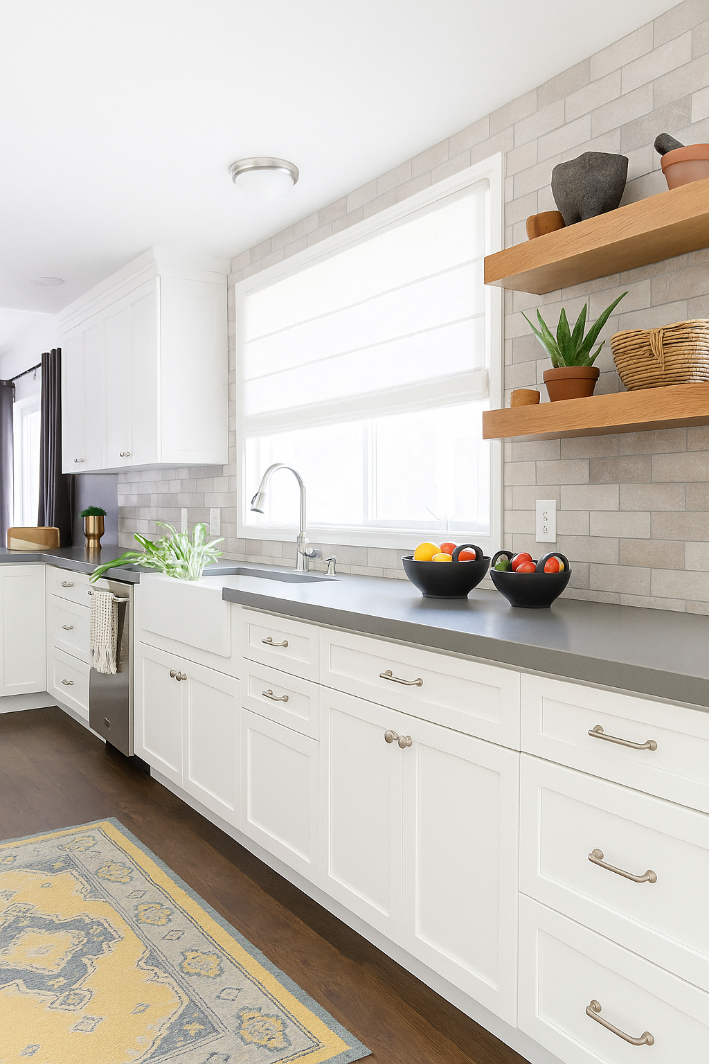 Cozinha clean decorada com bancada de quartzo cinza