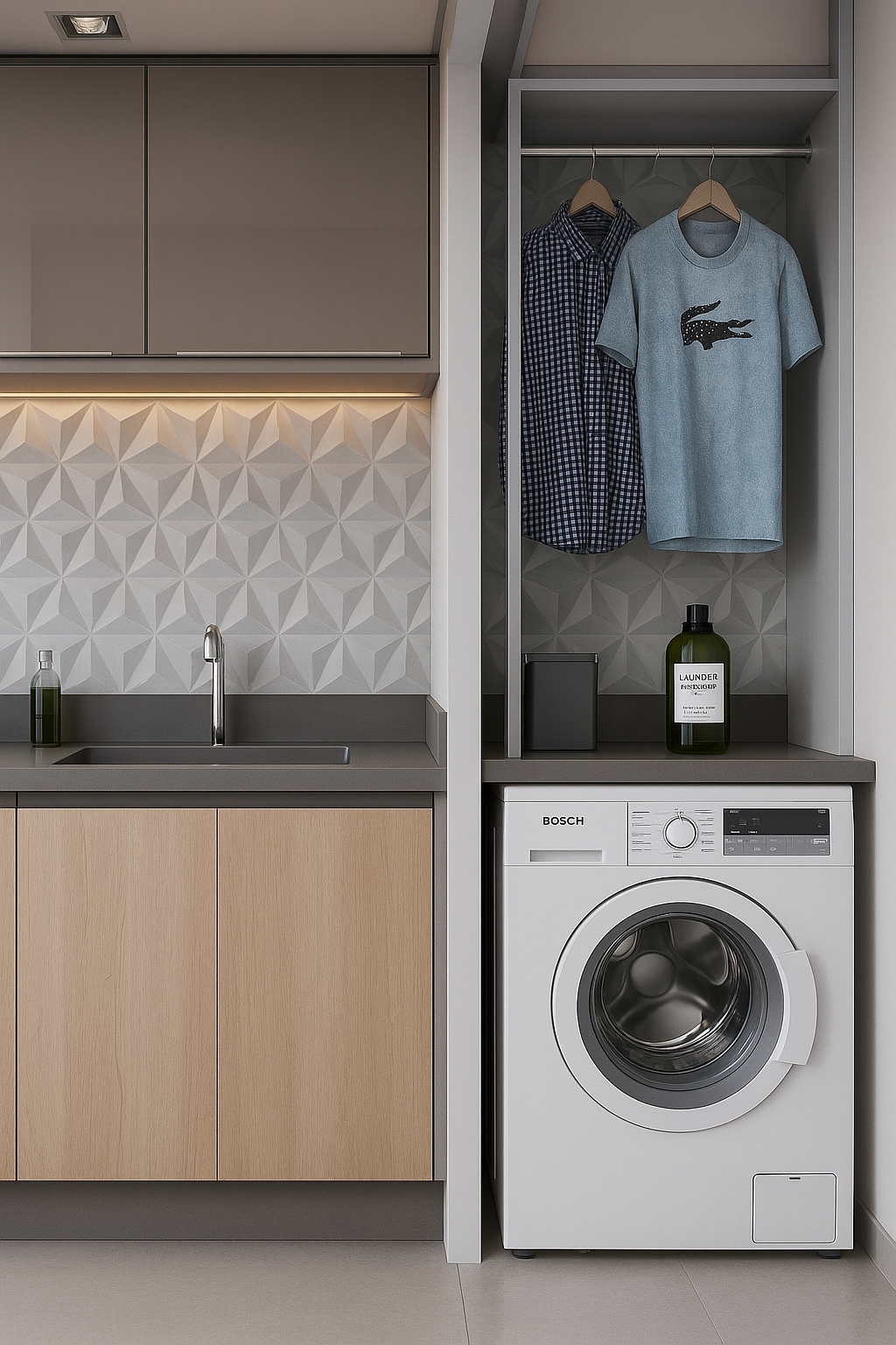Cozinha com lavanderia e bancada de quartzo cinza escuro decorada com revestimento 3D