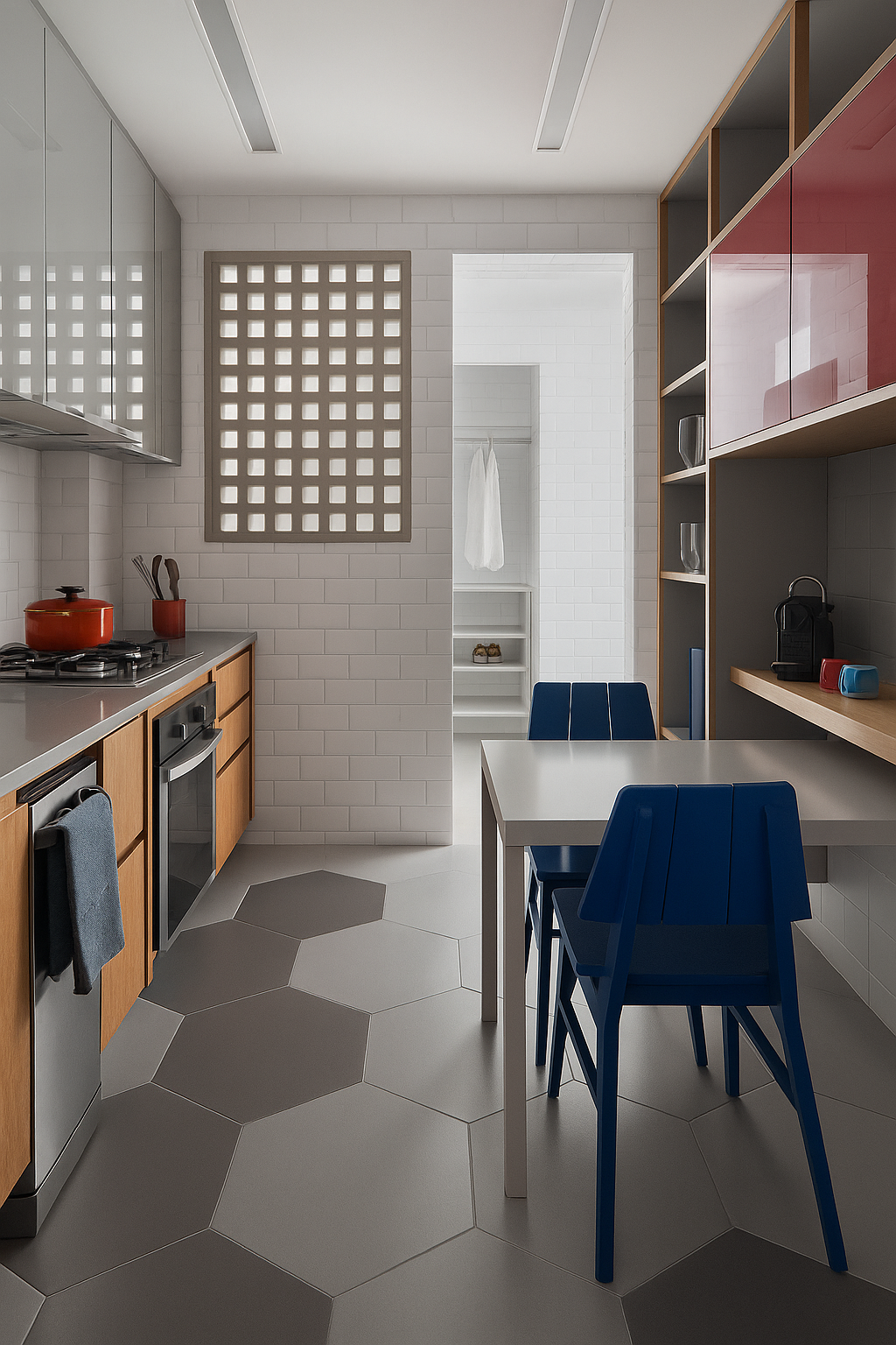 Decoração de cozinha com mesa e bancada de quartzo cinza claro