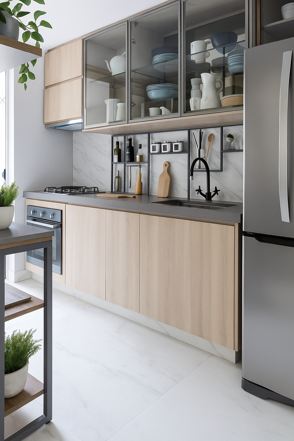 Cozinha de madeira decorada com bancada de quartzo cinza e armário aéreo com portas de vidro