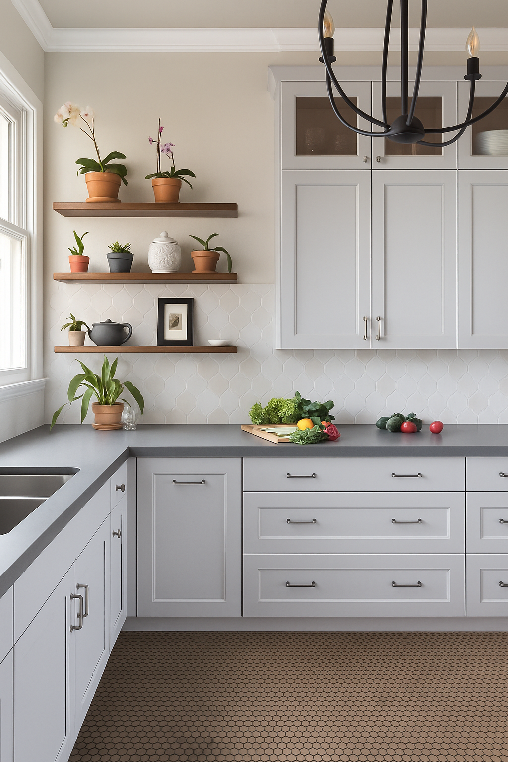 Cozinha em L decorada com bancada de quartzo stone