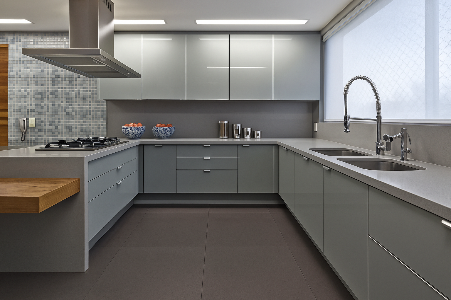 Cozinha em U moderna decorada com quartzo cinza