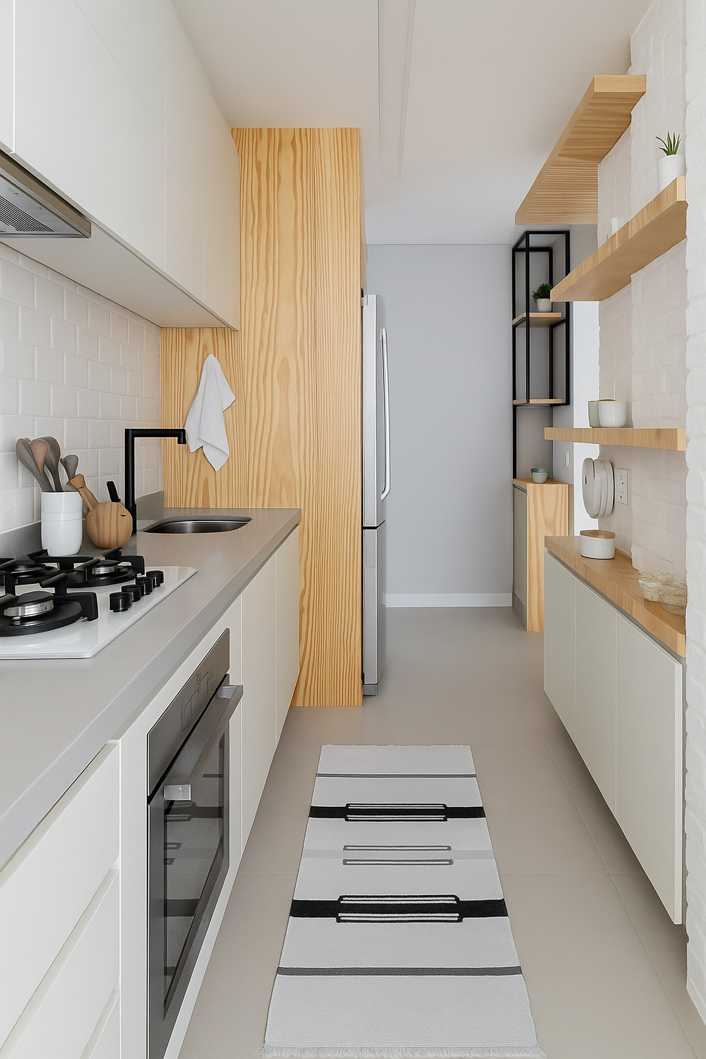 Cozinha pequena decorada com bancada de quartzo cinza claro e detalhes em madeira