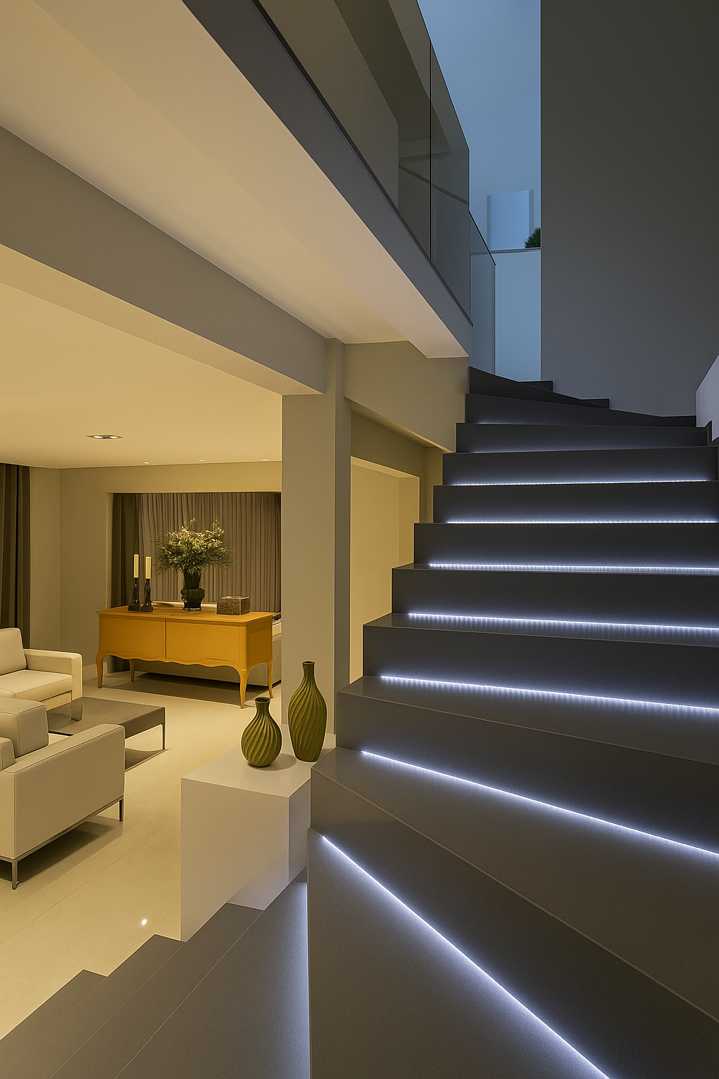 Decoração de casa moderna com escada iluminada feita de quartzo cinza