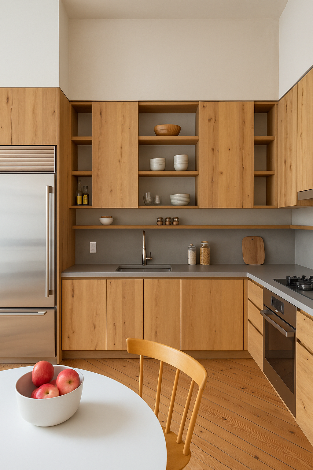 Quartzo cinza claro com armários de madeira para decoração de cozinha em L