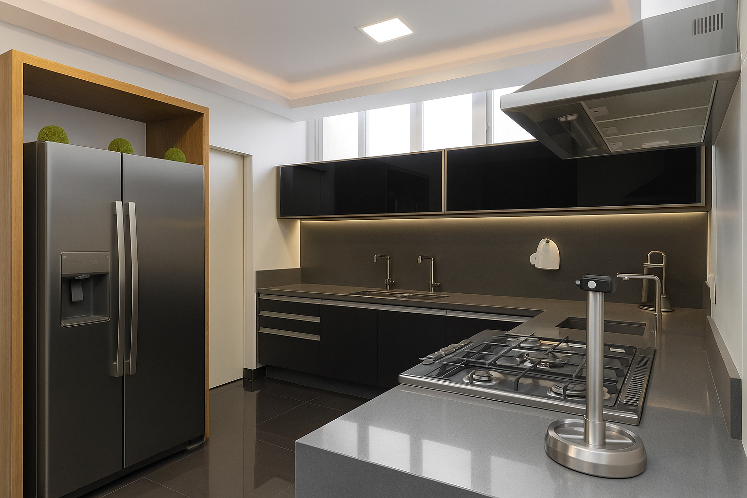 Quartzo cinza claro com armários pretos na decoração de cozinha planejada