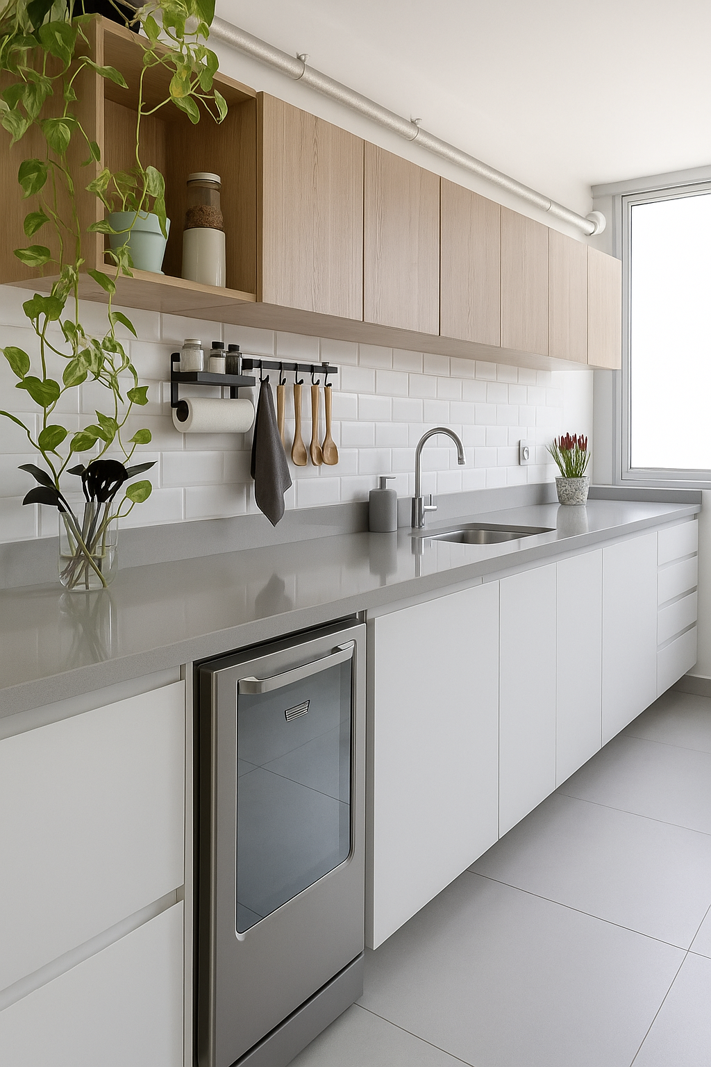 Quartzo cinza claro na cozinha moderna decorada com armário aéreo de madeira