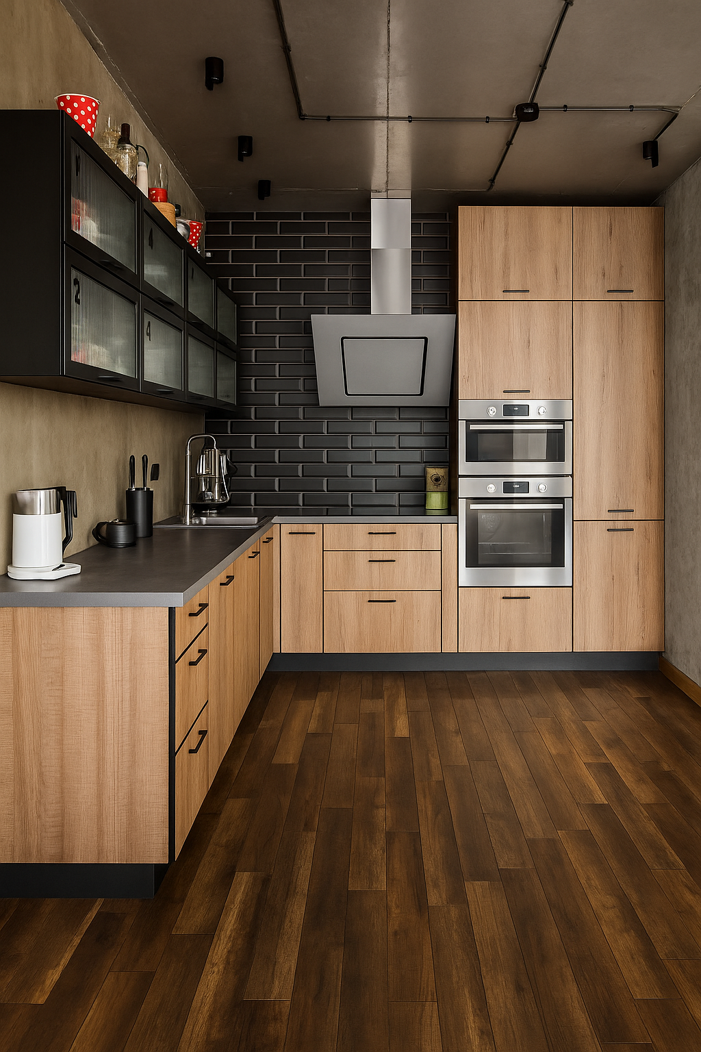 Quartzo cinza escuro com armários de madeira para cozinha decorada com revestimento preto