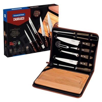 Kit para Churrasco Tramontina Lâminas Inox e Cabos de Madeira Polywood Castanho com Tábua e Estojo 8 Peças 21198/965