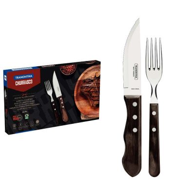 Jogo De Talheres Churrasco Jumbo Aco Inox Cabo Castanho Polywood 12Pecas