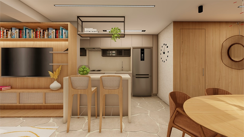 Projeto: Elisa Maretti | Duas modificações foram fundamentais neste apartamento: a substituição do piso e a realocação da pia para a ilha, promovendo a integração entre os ambientes.
