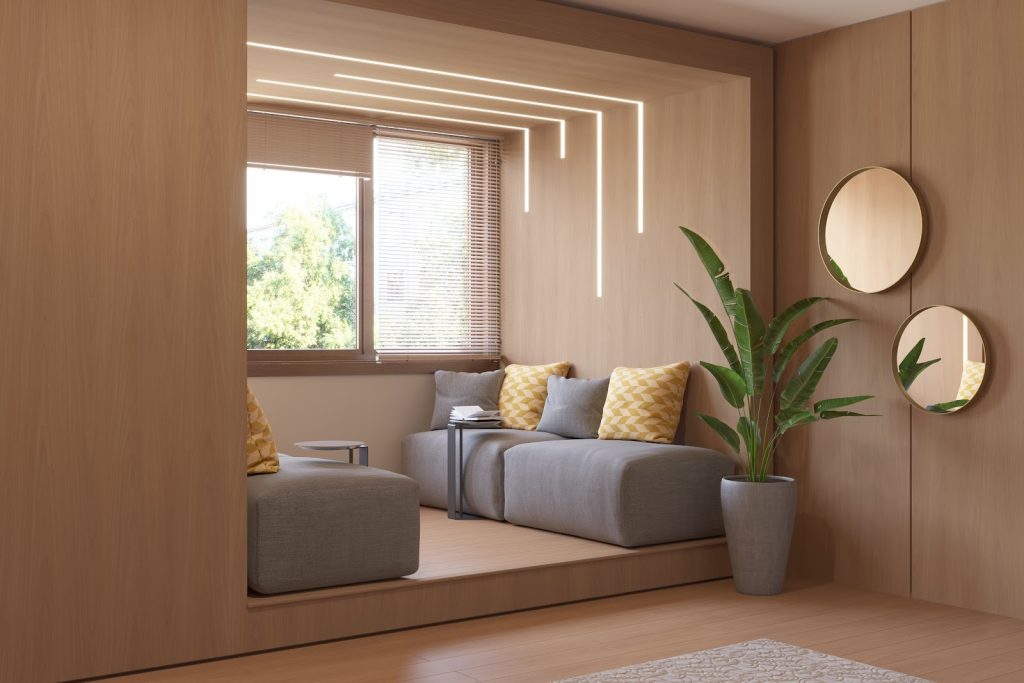 Ambiente envelopado com piso Durafloor Jequitibá Rosa e painéis Duratex Jequitibá Rosa