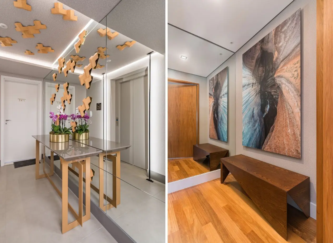 Nestes projetos de hall de entrada de apartamento, o espelho que veste às paredes se junta ao estratégico projeto de iluminação, recursos que mudam a atmosfera do ambiente com agilidade | Projeto Spaço Interior | Fotos: Kadu Lopes