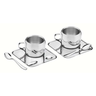 Kit Cafe Aco Inox Brilho Xicara Pires Quadrado E Colher 6Pecas
