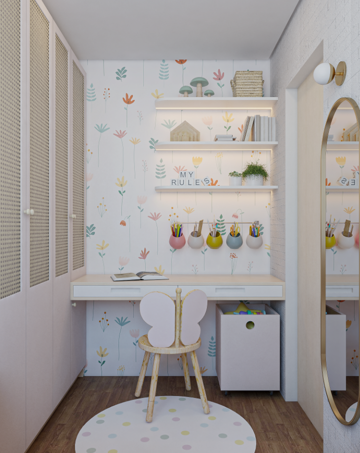 Cores claras ampliam o quarto e trazem leveza visual – Foto: Render | Projeto: Mayra Catherino Arquitetura