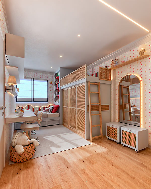 Organização vertical amplia o quarto e facilita a rotina – Foto: Render | Projeto: Mayra Catherino Arquitetura